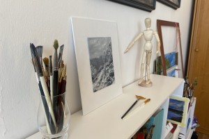 Ručně malovaný miniaturní obraz "Louka pod sněhem" 13 × 18,2 cm