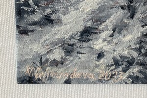 Ručně malovaný miniaturní obraz "Louka pod sněhem" 13 × 18,2 cm