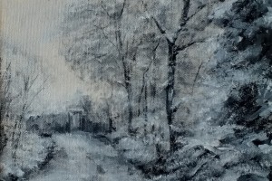 Kresba pod olejomalbou "Pod sněhem, černobílé provedení" 24 × 30 cm