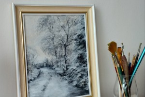 Kresba pod olejomalbou "Pod sněhem, černobílé provedení" 24 × 30 cm