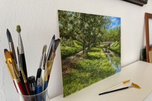 Olejomalba na plátně "Most přes Bělu" 39 × 29 cm
