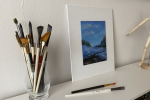 Ručně malovaná krajina olejem "Modrá zima" 13,2 × 18 cm