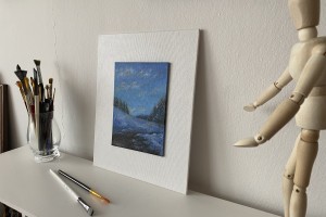 Ručně malovaná krajina olejem "Modrá zima" 13,2 × 18 cm