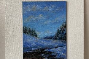Ručně malovaná krajina olejem "Modrá zima" 13,2 × 18 cm