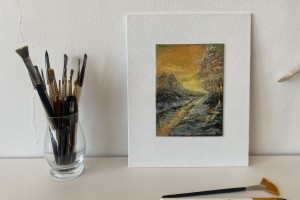 Ručně malovaná miniaturní olejomalba "Pod sněhem" 13 × 18 cm