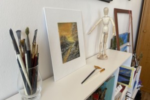 Ručně malovaná miniaturní olejomalba "Pod sněhem" 13 × 18 cm