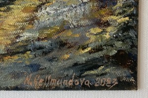 Ručně malovaná miniaturní olejomalba "Pod sněhem" 13 × 18 cm