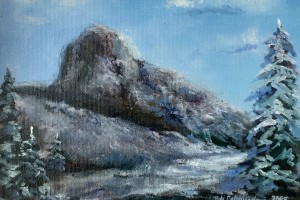 Obraz krajiny olejem "Zimní Bořeň" 24 × 18 cm