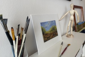 Miniaturní olejomalba krajiny "Podzimní břízy miniatura" 18 × 13,2 cm