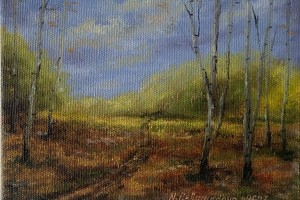 Miniaturní olejomalba krajiny "Podzimní břízy miniatura" 18 × 13,2 cm