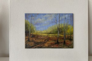 Miniaturní olejomalba krajiny "Podzimní břízy miniatura" 18 × 13,2 cm