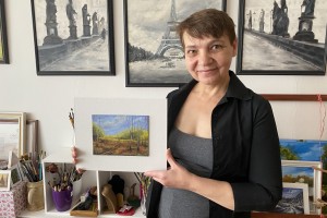 Miniaturní olejomalba krajiny "Podzimní břízy miniatura" 18 × 13,2 cm