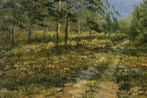 Miniaturní obraz malovaný olejem "Borovicový les" 18 × 13 cm