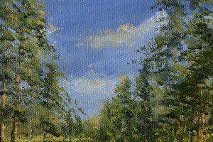 Miniaturní obraz malovaný olejem "Borovicový les" 18 × 13 cm
