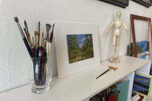 Miniaturní obraz malovaný olejem "Borovicový les" 18 × 13 cm