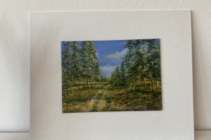 Miniaturní obraz malovaný olejem "Borovicový les" 18 × 13 cm