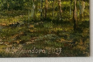 Miniaturní obraz malovaný olejem "Borovicový les" 18 × 13 cm