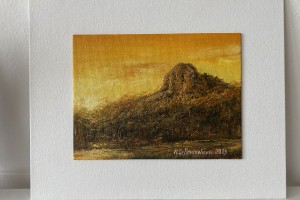 Ručně malovaný obraz na zeď "Západ slunce pod Bořní" 19,5 × 14,5 cm