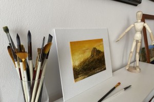 Ručně malovaný obraz na zeď "Západ slunce pod Bořní" 19,5 × 14,5 cm