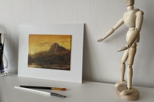Ručně malovaný obraz na zeď "Západ slunce pod Bořní" 19,5 × 14,5 cm