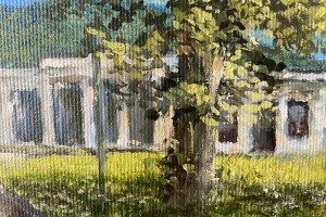 Obraz městské krajiny malovaný olejem "U bílinského zámku" 30 × 24 cm