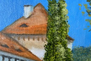 Obraz městské krajiny malovaný olejem "U bílinského zámku" 30 × 24 cm