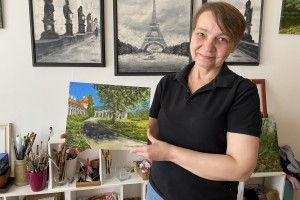 Obraz městské krajiny malovaný olejem "U bílinského zámku" 30 × 24 cm