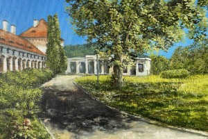 Obraz městské krajiny malovaný olejem "U bílinského zámku" 30 × 24 cm