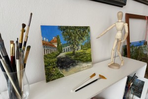 Obraz městské krajiny malovaný olejem "U bílinského zámku" 30 × 24 cm