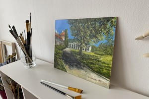 Obraz městské krajiny malovaný olejem "U bílinského zámku" 30 × 24 cm