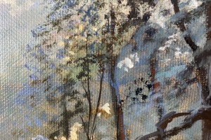 Zimní olejomalba "Měsíčná noc na Bořeňské zahradě", 60 × 20 cm.