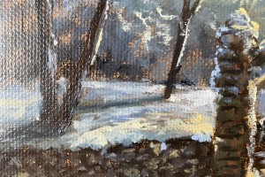 Zimní olejomalba "Měsíčná noc na Bořeňské zahradě", 60 × 20 cm.