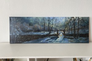 Zimní olejomalba "Měsíčná noc na Bořeňské zahradě", 60 × 20 cm.