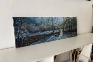 Zimní olejomalba "Měsíčná noc na Bořeňské zahradě", 60 × 20 cm.