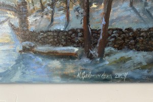 Zimní olejomalba "Měsíčná noc na Bořeňské zahradě", 60 × 20 cm.