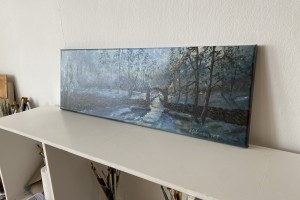 Zimní olejomalba "Měsíčná noc na Bořeňské zahradě", 60 × 20 cm.