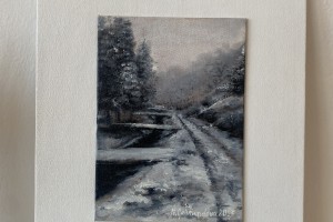 Ručně malovaný obraz olejem "Žižkovo údolí" 13 × 18 cm