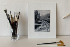Ručně malovaný obraz olejem "Žižkovo údolí" 13 × 18 cm