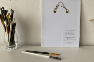 Obraz krajiny olejem "Jarní břeh u rybníka" 14,5 × 19,5 cm