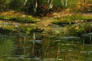 Obraz krajiny olejem "Jarní břeh u rybníka" 14,5 × 19,5 cm