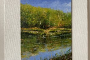 Obraz krajiny olejem "Jarní břeh u rybníka" 14,5 × 19,5 cm