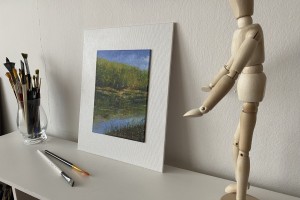 Obraz krajiny olejem "Jarní břeh u rybníka" 14,5 × 19,5 cm