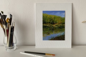 Obraz krajiny olejem "Jarní břeh u rybníka" 14,5 × 19,5 cm
