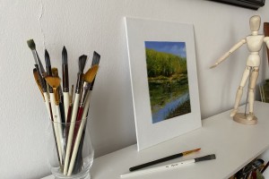 Obraz krajiny olejem "Jarní břeh u rybníka" 14,5 × 19,5 cm