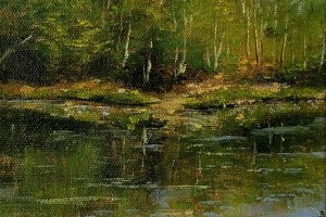 Obraz krajiny olejem "Jarní břeh u rybníka" 14,5 × 19,5 cm