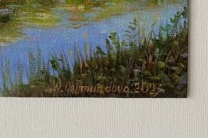Obraz krajiny olejem "Jarní břeh u rybníka" 14,5 × 19,5 cm