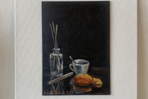 Ručně malovaný obraz zátiší "Káva a sušenky" 13,2 × 18 cm