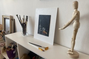 Ručně malovaný obraz zátiší "Káva a sušenky" 13,2 × 18 cm