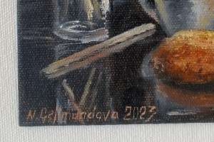Ručně malovaný obraz zátiší "Káva a sušenky" 13,2 × 18 cm