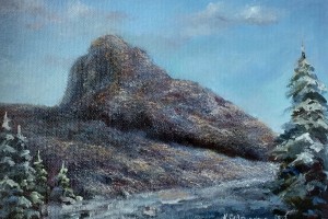 Ručně malovaná krajina olejem "Bořeň pod sněhem" 24 × 18 cm